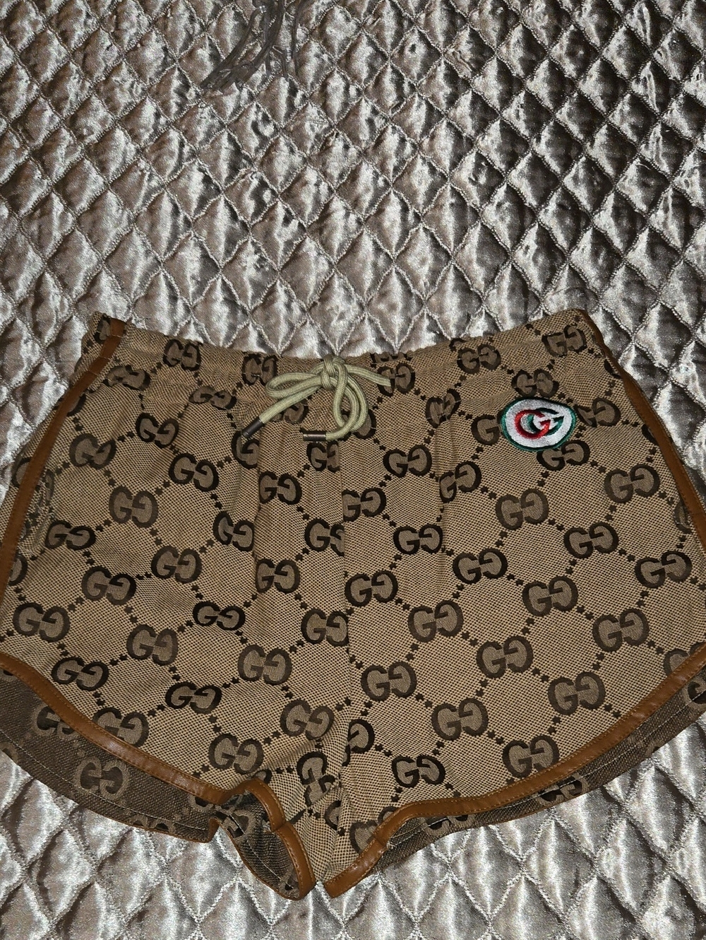 Gucci Beige Brown Monogram Athletic Shorts with Red/Green Logo